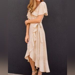 NWT Mia Joy dress small Nigella wrap beige/ gold JoyFolie